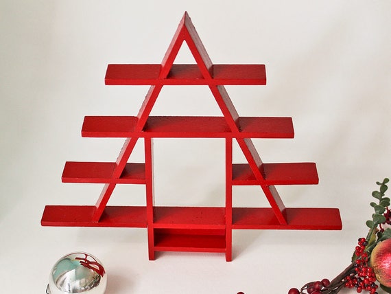 Little Wooden Christmas Tree Shelf Vintage Bright Red Little Wooden Christmas Tree Shelf Vintage Bright Red