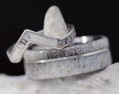 Wedding Ring Set Antler and Metal V-Ring Offset and Channel - Stone Forge Studios
