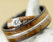 Wedding Ring Set Jack Daniels Wood, Antler, Diamond Channels and Engagement