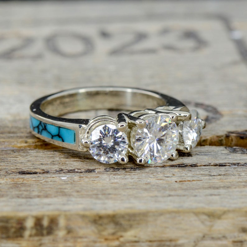 Women s Engagement  Ring  3 Moissanite Ring  with Turquoise  