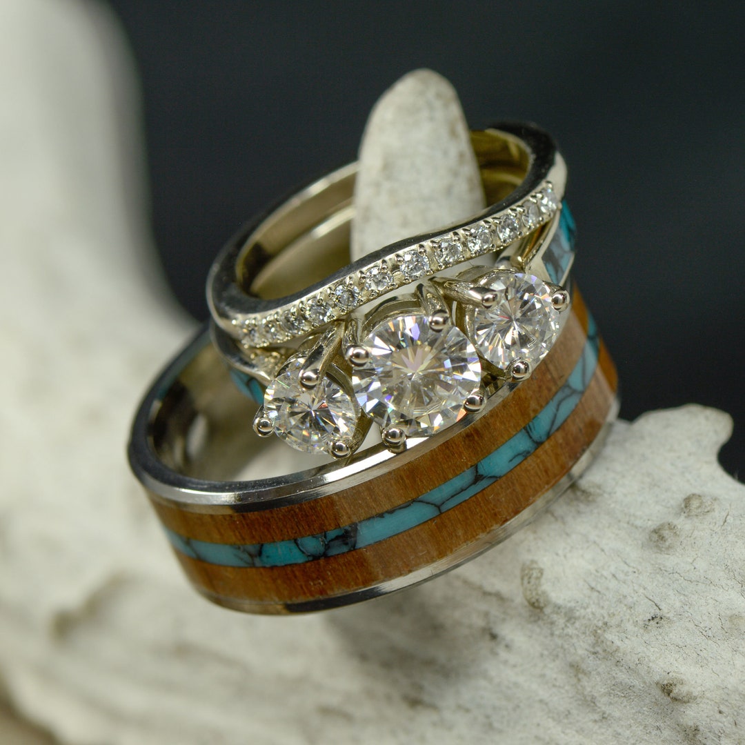 Ring Set: Turquoise Koa Wood Moissanites Stone Forge - Etsy