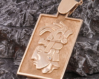 Pendentif « Rey Pakal » du roi Maya en or sculpté à la main