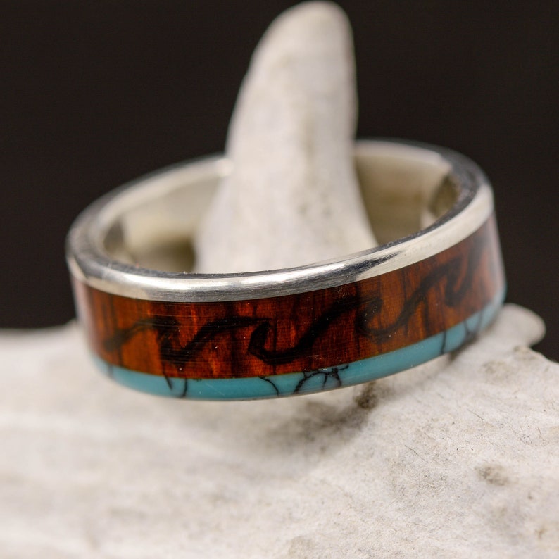Turquoise Stone Forge Studios Men/'s Ring: Metal Rosewood with Engraved Mountains