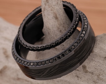 Zirconium noir avec fibre de carbone forgée et sertissage pavé de diamants noirs, bracelet taille française - Stone Forge Studios