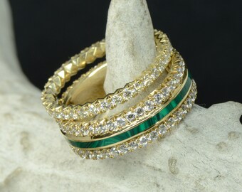 French Cut Rings, with Diamonds, & Malachite - Stone Forge Studios