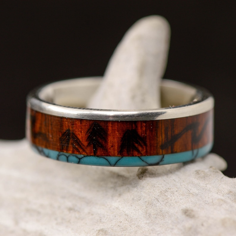 Turquoise Stone Forge Studios Men/'s Ring: Metal Rosewood with Engraved Mountains