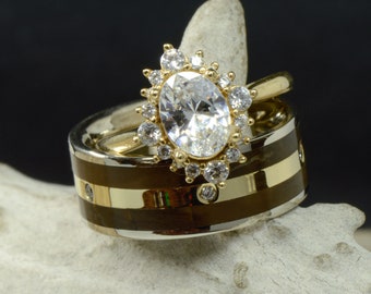 Yellow Gold Oval Diamond Halo Ring & Petrified Wood, Diamonds - Stone Forge Studios