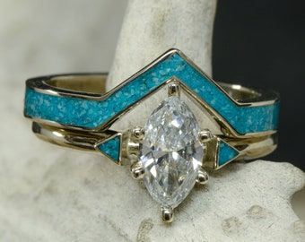 Marquise Diamond Ring .75ct and Turquoise with Turquoise V-Ring Stacking Band - Stone Forge Studios