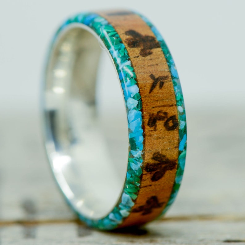 Stone Forge Studios Cactus Engraving; 3 Overlays Men/'s Ring: Koa Wood TurquoiseMalachite Edges