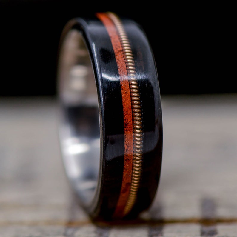 Stone Forge Studios Red Opal inlays; 4 Overlays Bass String Men/'s Ring: African Blackwood