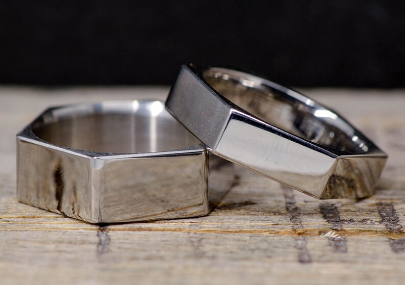 Wedding Ring Set Stainless Steel Hex Nut Ring; 1 Overlay 8mm and 6mm Stone Forge Studios