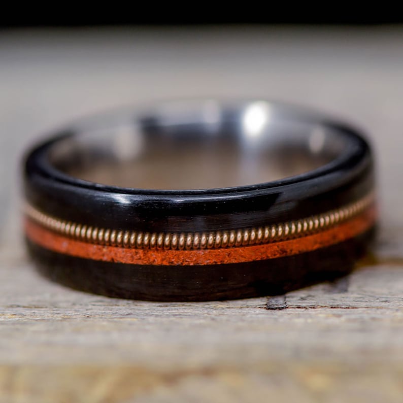 Stone Forge Studios Red Opal inlays; 4 Overlays Bass String Men/'s Ring: African Blackwood