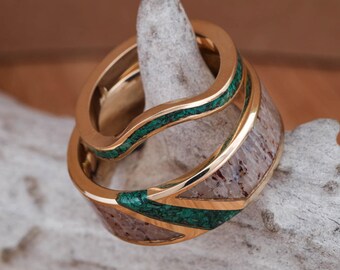 Bague à canal en bois de cerf avec incrustation diagonale de malachite et anneau en U en malachite - Stone Forge Studios