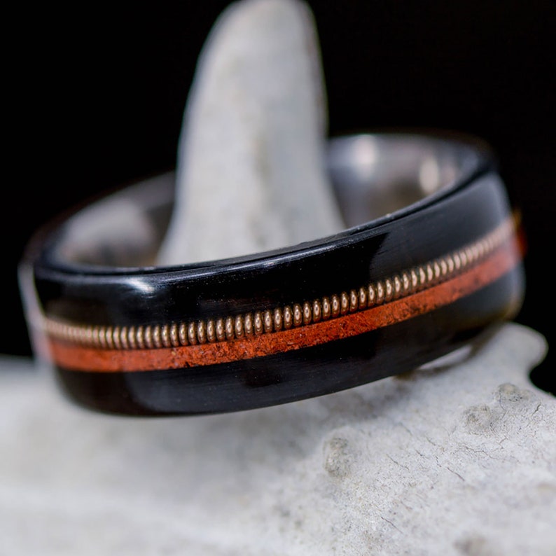 Stone Forge Studios Red Opal inlays; 4 Overlays Bass String Men/'s Ring: African Blackwood