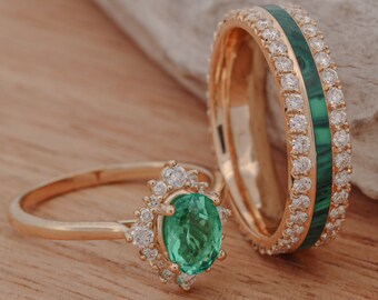 Oval Moissanite Halo, French Cut Band, with Diamonds, & Malachite - Stone Forge Studios