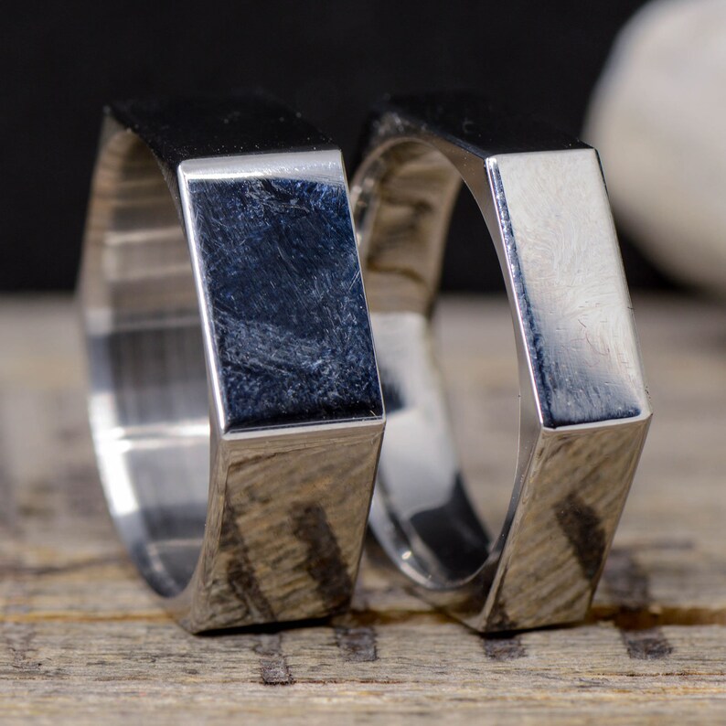 Wedding Ring Set Stainless Steel Hex Nut Ring; 1 Overlay 8mm and 6mm Stone Forge Studios