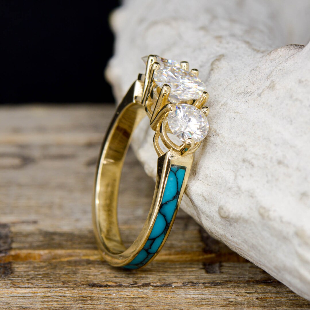 Women's Ring: 3 Moissanite Ring With Turquoise Inlays - Etsy