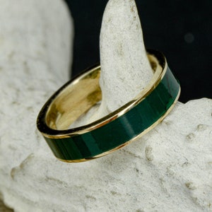 May include: A gold band ring with a green inlay. The ring is on a white surface.