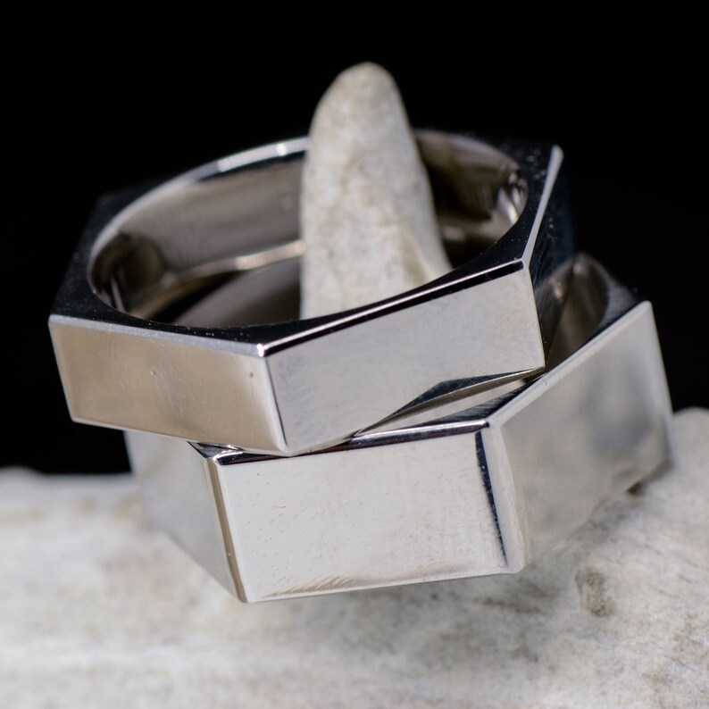 Wedding Ring Set Stainless Steel Hex Nut Ring; 1 Overlay 8mm and 6mm Stone Forge Studios