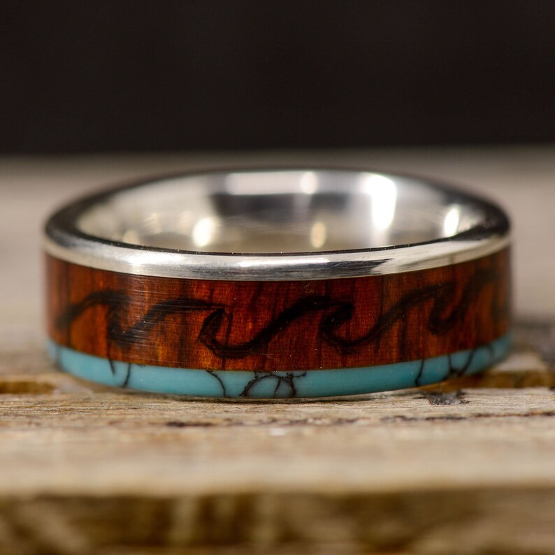 Turquoise Stone Forge Studios Men/'s Ring: Metal Rosewood with Engraved Mountains