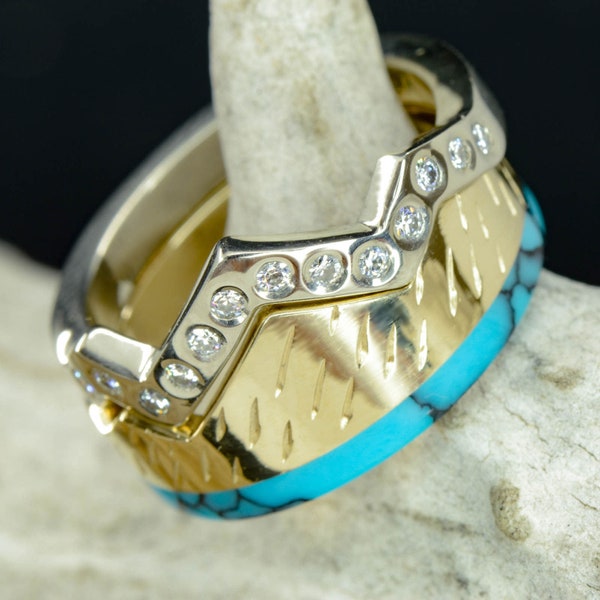 Teton Mountains Engagement Ring Set - Diamonds, Gold, & Turquoise - Stone Forge Studios