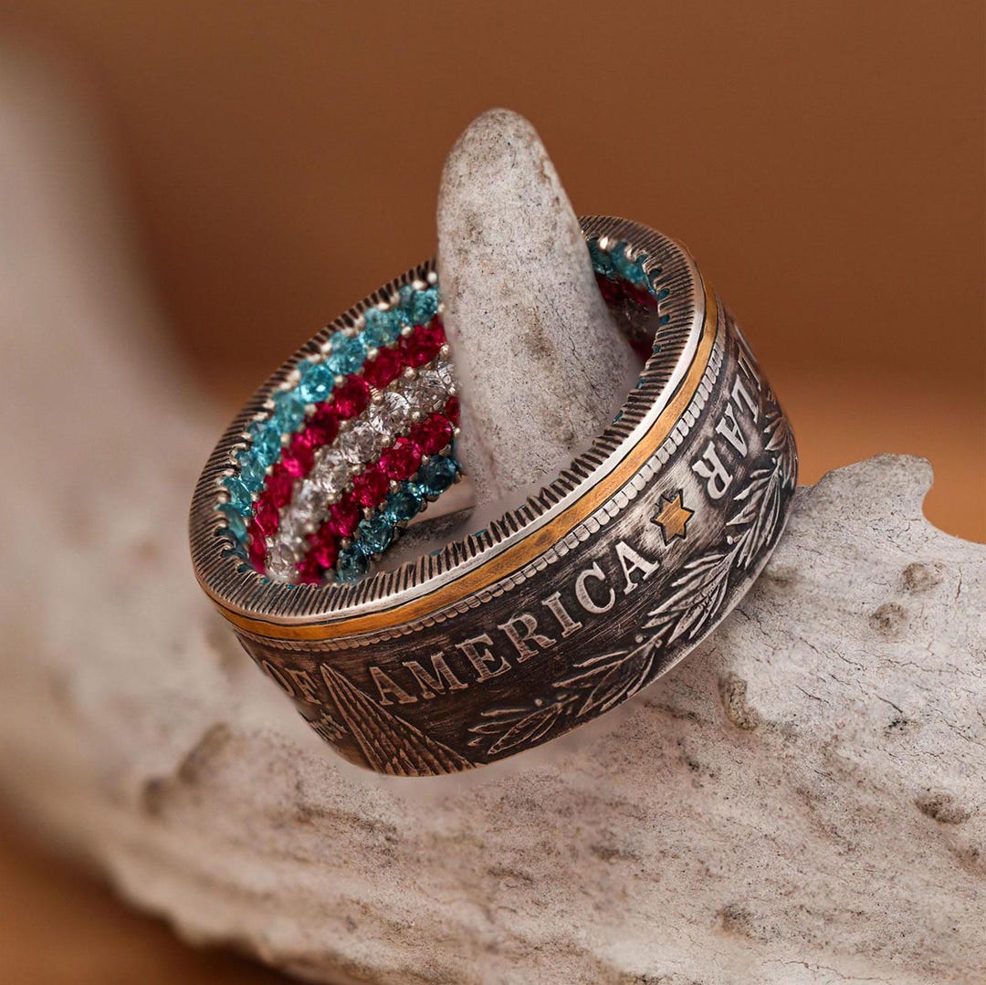 Stone Inlay Coin USA Silver Dollar Coin Ring With Sapphire, Ruby, and Diamond Inside ...