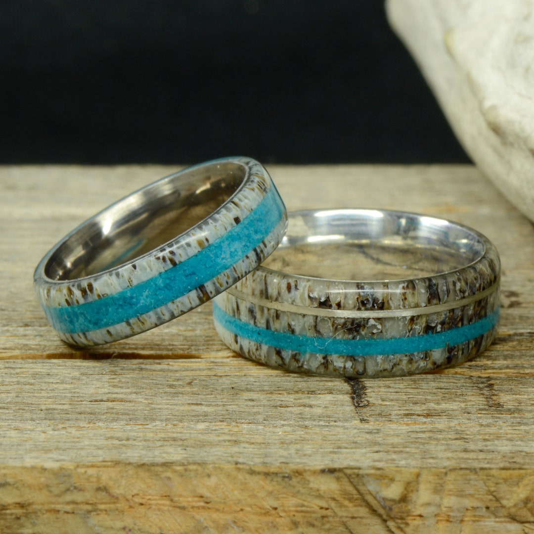 Ring Set: Antler Turquoise & Metal Pinstripes Stone Forge - Etsy