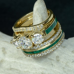 Three Diamond Ring & French Cut Band, with Diamonds, Malachite - Stone Forge Studios