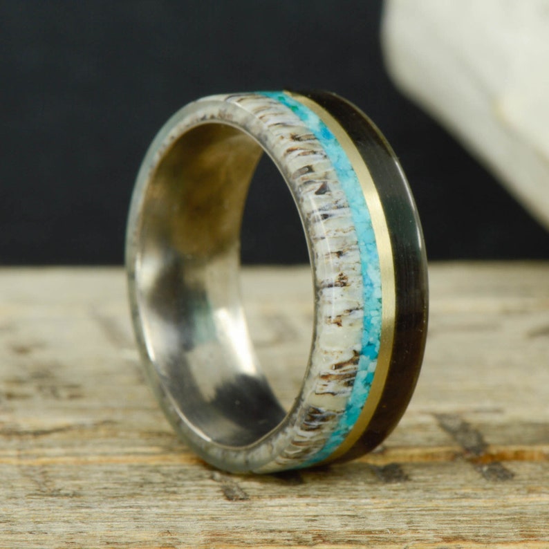 Men's Ring Buffalo Tusk Yellow Gold Turquoise Antler Etsy