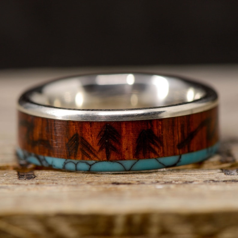 Turquoise Stone Forge Studios Men/'s Ring: Metal Rosewood with Engraved Mountains