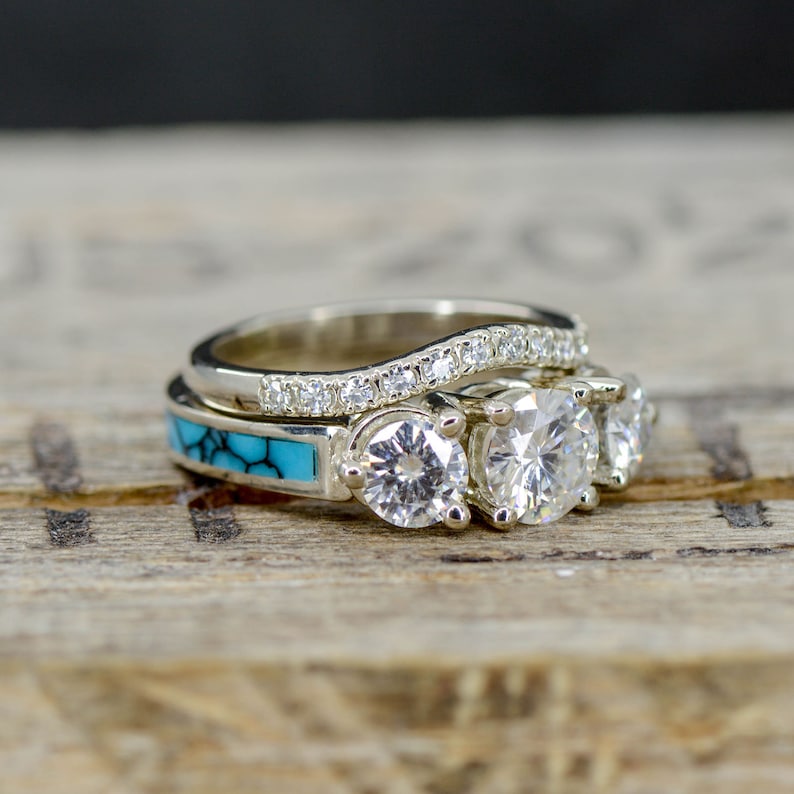 Women's Engagement Ring 3 Moissanite Ring with Turquoise