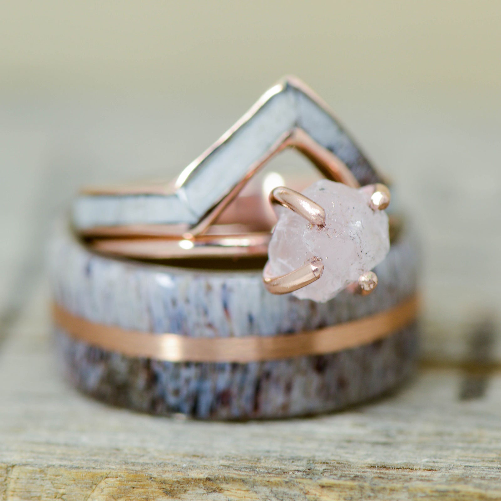 Wedding Ring Set Antler Rose Gold Antler V Ring Center and Etsy