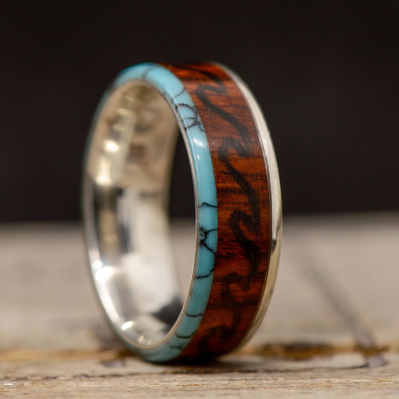 Turquoise Stone Forge Studios Men/'s Ring: Metal Rosewood with Engraved Mountains