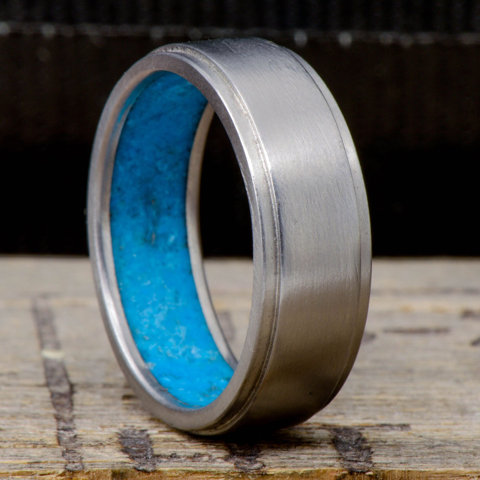 Men's Ring: Metal Band With Turquoise Sleeve Stone Forge - Etsy