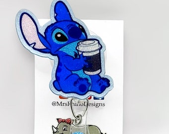 stitch coffee cup lilo and stitch  Retractable ID Badge Reel nurse teacher badge reel