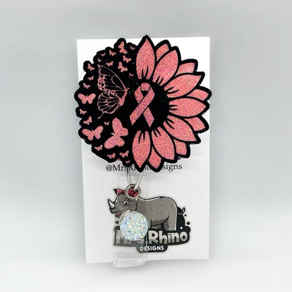 ribbon sunflower pink awareness  breast cancer butterfly retractable ID Badge Reel nurse teacher badge reel