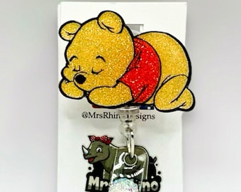 Sleeping Pooh Bear Retractable ID Badge Reel: Handmade Nurse Teacher Badge