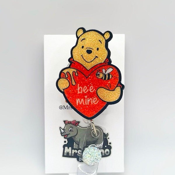 Winnie the Pooh 'Bee Mine' Retractable Badge Reel, Glitter Valentine's Day Holder