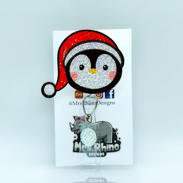 Penguin face wearing Santa hat Retractable ID Badge Reel nurse teacher badge reel