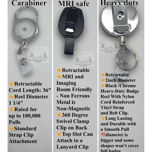 May include: Three retractable badge reels displayed vertically. The left is a silver carabiner style with a 36-inch cord. The center is a black MRI-safe reel with a swivel clip. The right is a heavy-duty chrome reel with a 2-inch diameter and belt clip.