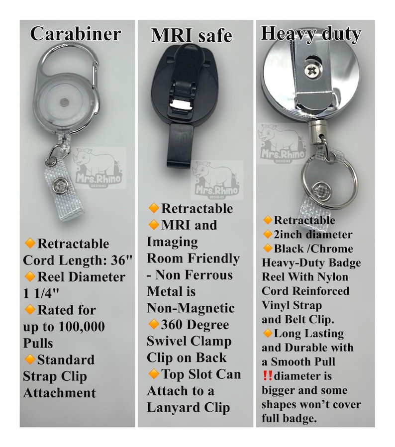 May include: Three retractable badge reels displayed vertically. The left is a silver carabiner style with a 36-inch cord. The center is a black MRI-safe reel with a swivel clip. The right is a heavy-duty chrome reel with a 2-inch diameter and belt clip.