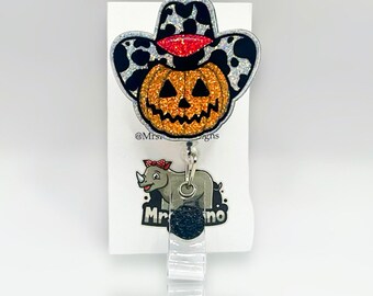 Pumpkin Cowboy Retractable ID Badge Reel: Nurse Teacher Badge