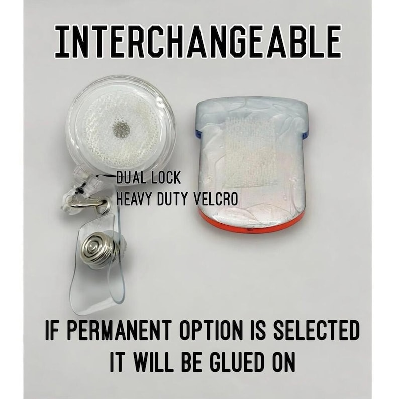 May include: A clear circular badge reel with a metal clip and a rectangular piece featuring a white velcro patch. Text reads: INTERCHANGEABLE, DUAL LOCK HEAVY DUTY VELCRO, IF PERMANENT OPTION IS SELECTED IT WILL BE GLUED ON. The components are separate.