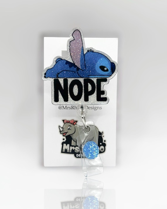 Stitch Nope Glitter Badge Reel: Retractable ID Holder