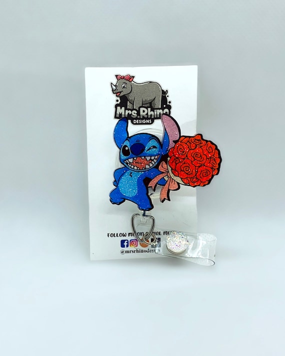 Stitch With Roses Bouquet Retractable Badge Reel, Valentines Day ID Holder,  Glitter Holiday RN Key Card, Hospital Nurse Gift, Medical ID 