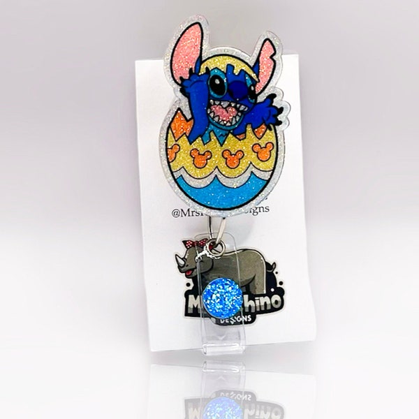Stitch Easter egg Retractable Badge Reel, ID Holder, Glitter Nurse Key Card, RN, Medical Gift, Louisiana Teacher Accessory