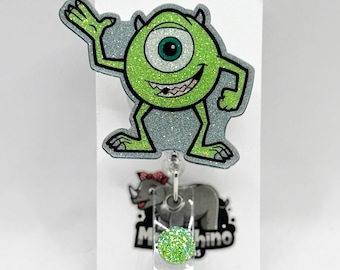 Mike Wazowski Badge Reel: Glitter Cartoon ID Holder for Nurses & Teachers
