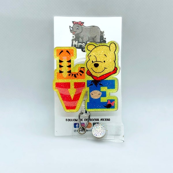 LOVE Winnie the Pooh bear characters badge reel piglet tigger eeyore