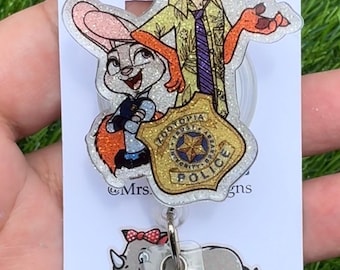 Zootopia Nick & Judy Glitter Badge Reel | Handmade Retractable ID Holder | Cute Nurse Teacher Office Badge Clip
