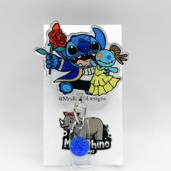 Stitch Beauty and the Beast Glitter Badge Reel – Belle Scrump Nurse ID Holder
